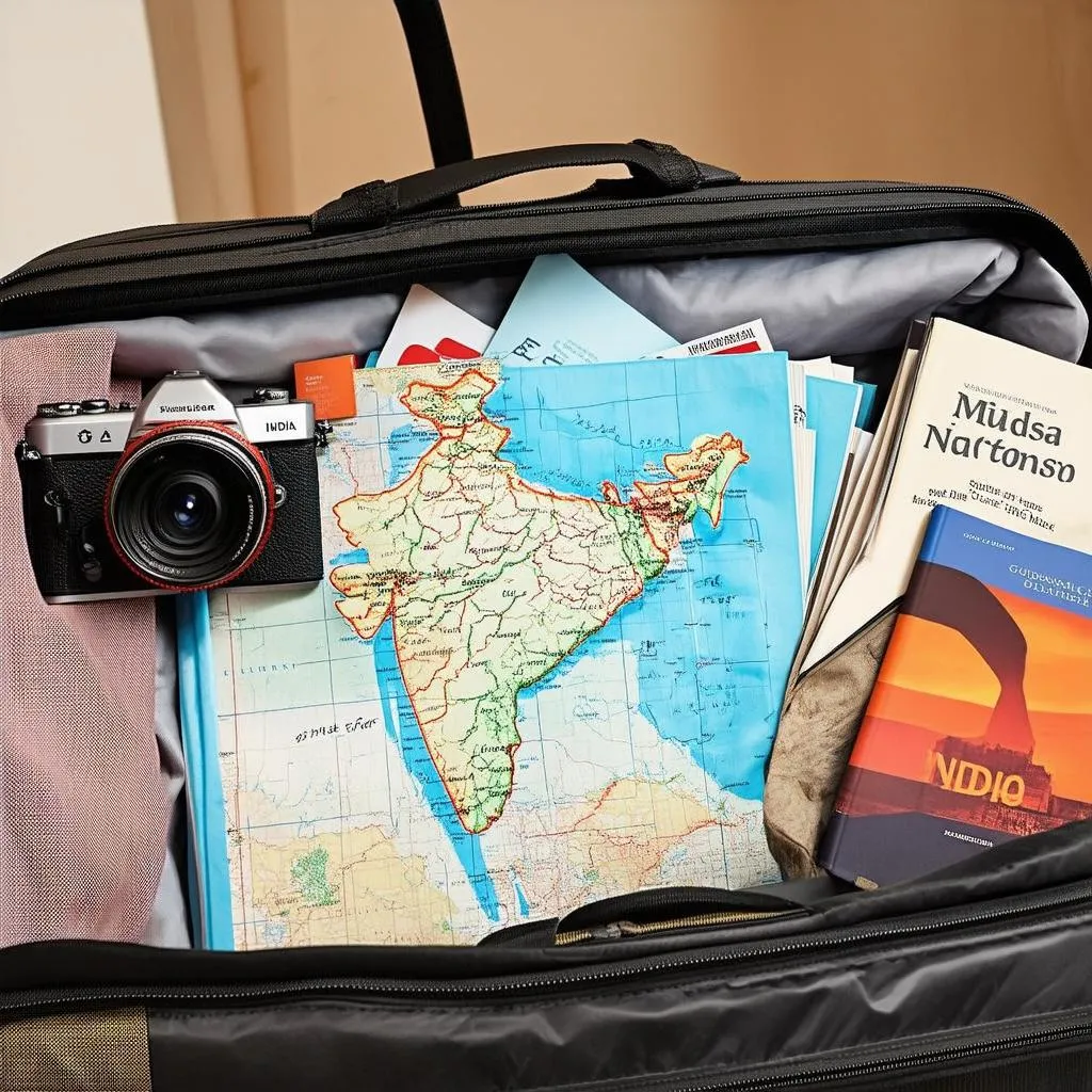 suitcase, map, and travel essentials